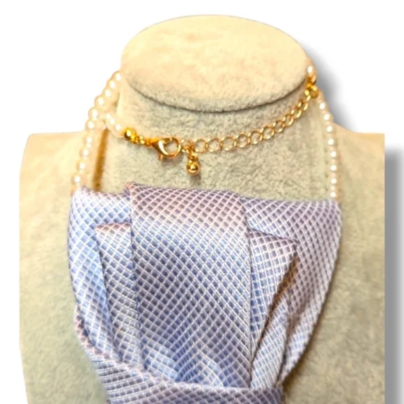 Decorative Light Blue And White Textured Fokded Cravat with Pearl Accents - Picture 3 of 8